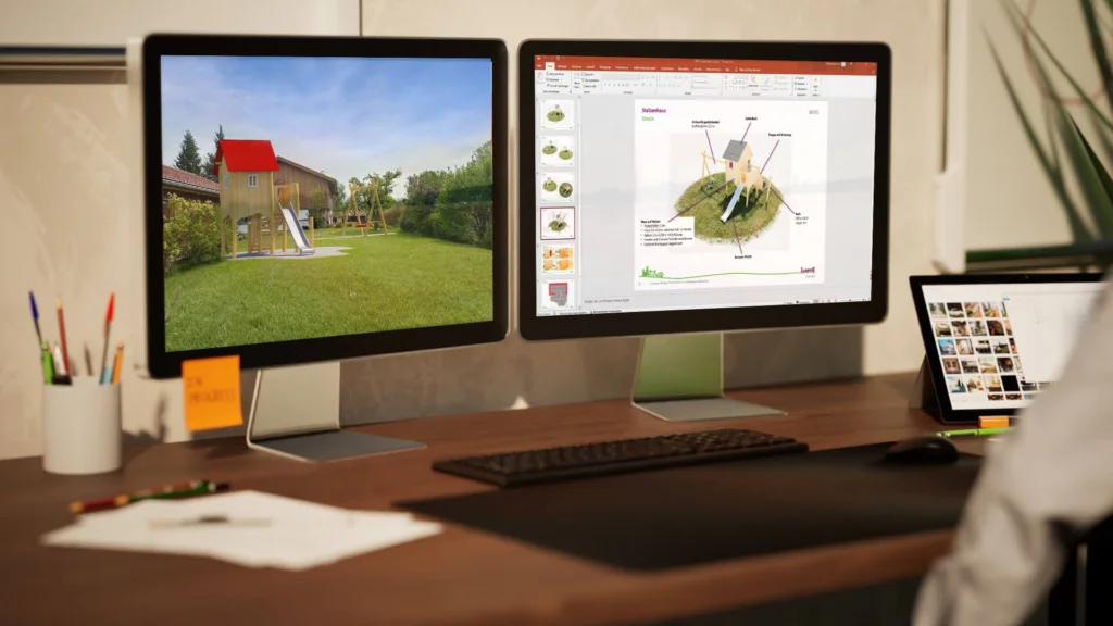 Symbolbild für Spielplatzplanung: Zwei Computer-Bildschirme auf einem Schreibtisch mit geöffneten technischen Programmen