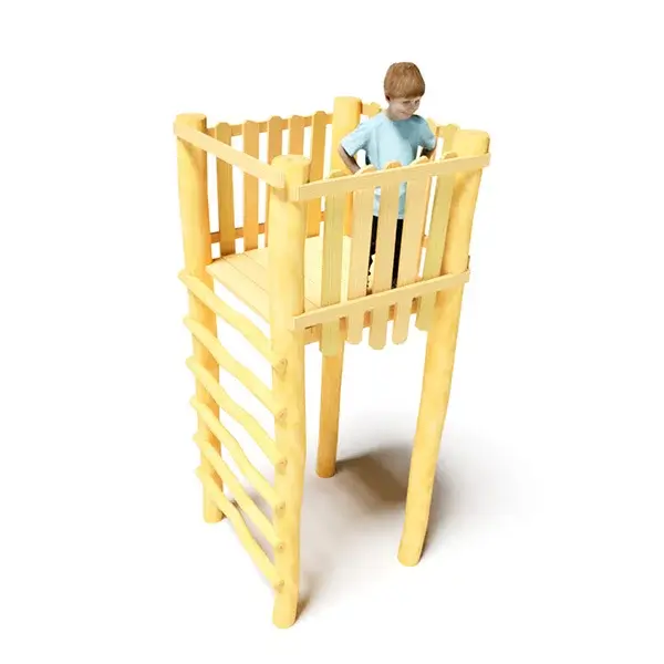 Spielplatzgerät Absturzsicherung Schema: Brüstung; ein viereckiger Spielturm mit Leiter und Plattform in ca 2 m Höhe; Brüstung aus vertikalen Staketen an waagrechten Holzriegeln umlaufend um die Plattform. auf der Plattform steht ein Junge und schaut runter