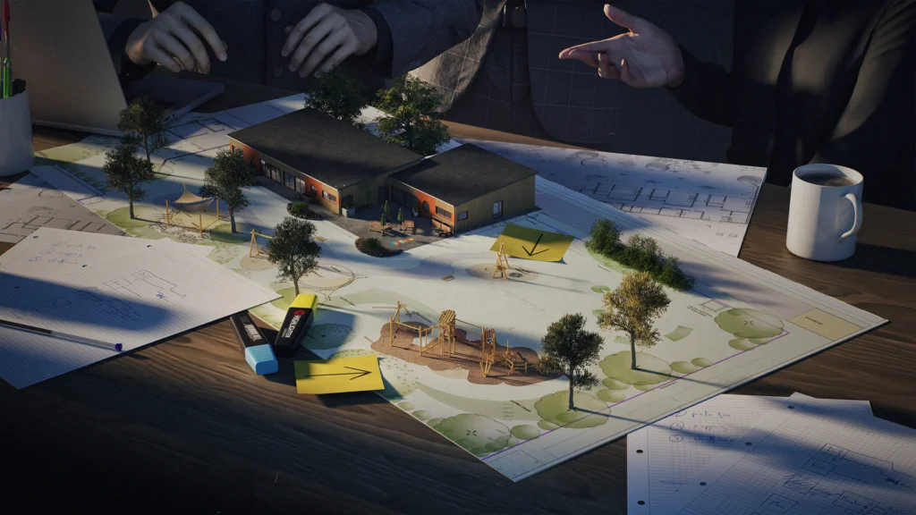 Ein Architekten-Plan eines Kindergarten-Außengeländes liegt auf einem Schreibtisch zusammen mit einigen Papieren udn Stiften, außerdem Kaffetassen udn ein geöffneter Laptop. Um den Tisch herum stehen (angeschnitten) Personen und diskutieren über den Entwurf. Aus dem Plan erheben sich punktuell dreidimensionale Objekte. Darunter das KiTa-Gebäude, einige Spielgeräte aus Robinienholz und Bäume