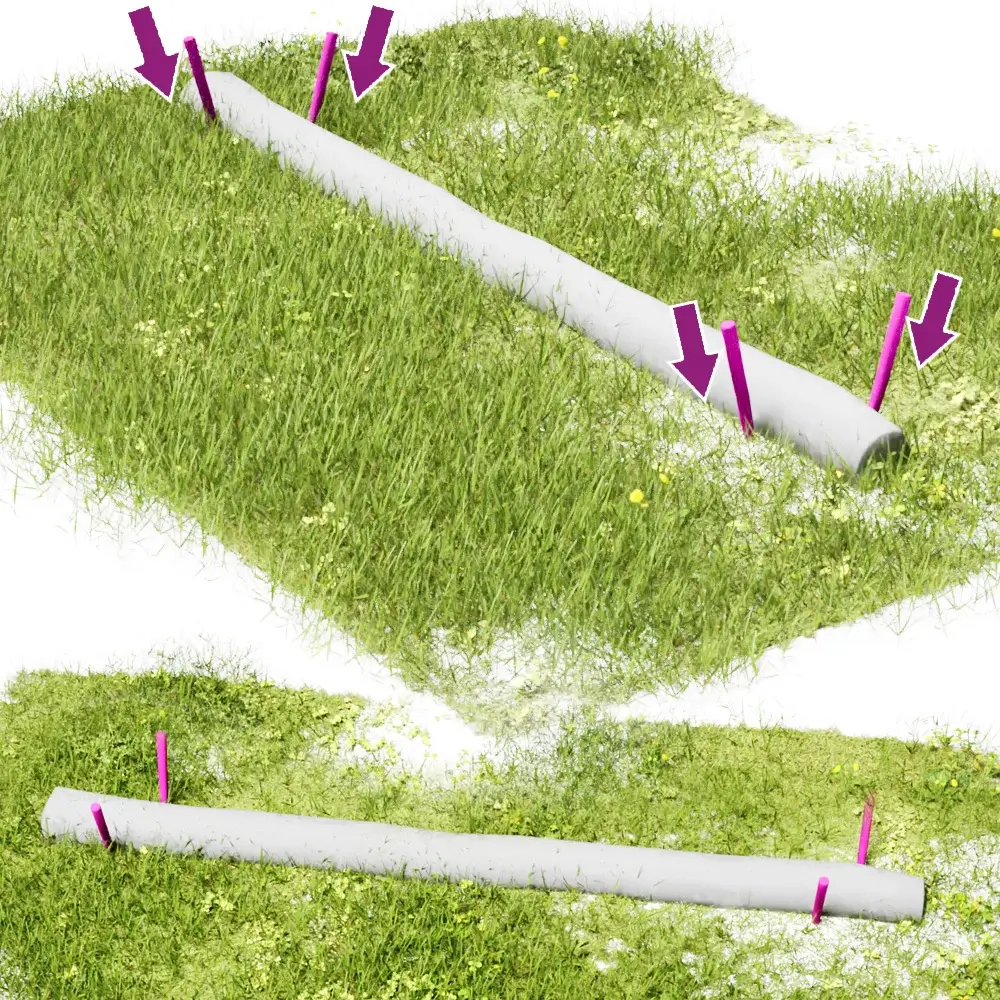 3D-Schema-Visualiserung wie ein Balancierstamm mit je 4 Pflöcken am Boden gegen Wegrollen fixiert werden kann