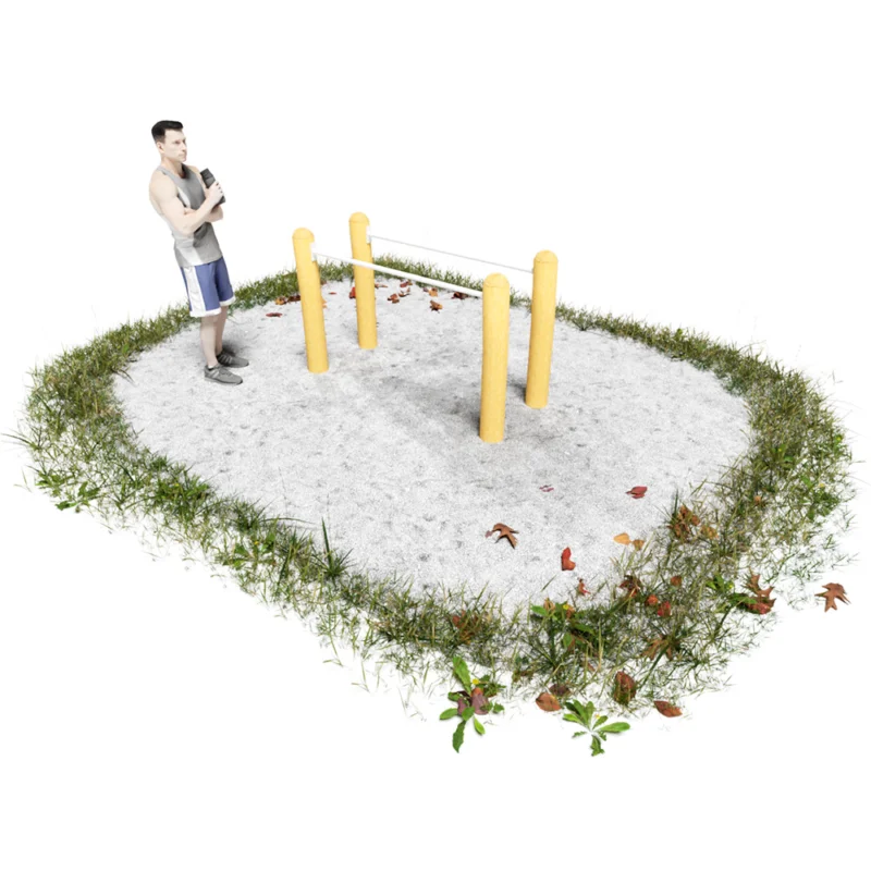 Isometrische Ansicht eines Spielplatz Barren mit Robinienpfosten und Edelstahlstangen