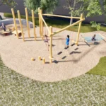 3D-Szene Motorikpfad Perseus in einem Parkstück, auf HAckschnitzelboden; Im Hintergrund Wiese mit lockerem Baumbestand; im Vordergrund Rasengittersteine
