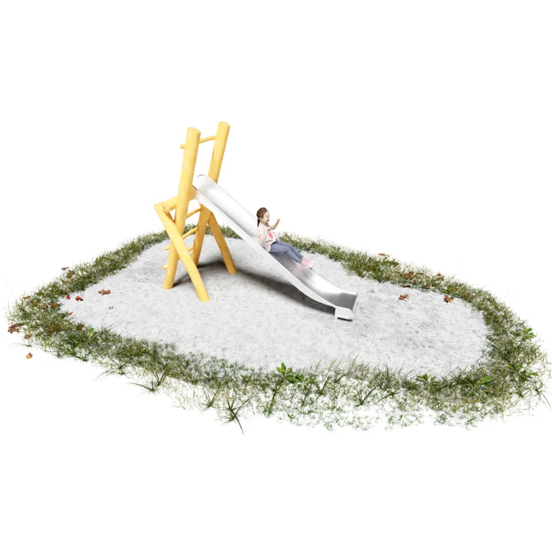 Isometrische Ansicht Bockrutsche mit Robiniengestell und Leiter sowie Edelstahlrutsche