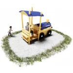Kleinkinder-Spielhäuschen Dampflokomotive aus Robinienholz. Ansicht von schräg hinten auf den "Führerstand" dort von außen udn innen jeweils eine kleine Sitzbank. Innen Armaturen zum "steuern" des Zugs