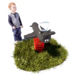 Federwippe Fledermaus aus lasiertem Robinienholz mit Edelstahlgriff auf roter Schwingfeder