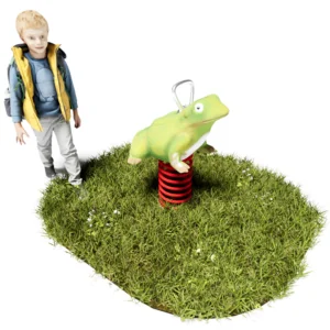 3D-Visualisierung Federwipptier in Form eines grünen Froschs mit roter Schwungfeder. Ein Kind geht von hinten auf das Spielgerät zu.