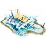 3D-Konzept des Flosses mit Dach überblendet mit starken Wellen bzw. Stromschnellen im Aquarellstil zur Verdeutlichung der zugrundeliegenden Idee eines Flosses dass in Stromschnellen herumgewirbelt wird