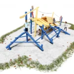 3D-Konzept des Klettergerüsts Isarfloss mit Dach mit lasierten Kletterstämmen als Wellen bzw. Stromschnellen und stilisiertem Ruder