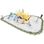 Klettergerüst Isarfloss mit Holzladung mit lasierten Kletterstämmen und vielen Kletternetzen als Wellen bzw. Stromschnellen