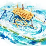 Aquarellzeichnung der Spielanlage Floss mit Holzladung mit starken Wellen bzw. zur Verdeutlichung der zugrundeliegenden Idee eines Flosses dass in Stromschnellen herumgewirbelt wird und dabei einen Teil seiner geladenen Stämme verliert