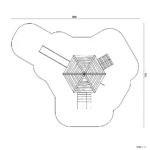Bemaßte Draufsicht auf hexagonalen Turm mit diversen Anbauten