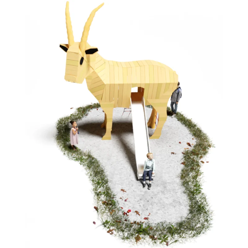 Spielplatz-Figur Steinbock mit Edelstahlrutsche aus der Flanke des Tieres