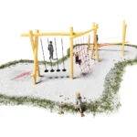 Schmales Klettergerüst Gecko aus Robinienstangen mit verschiedenen Netzen, Seilen und Hangelmöglichkeiten.