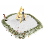 3D-Rendering des Klettergerüst Pyramide auf kiesfläche. Ein Junge sitzt auf der obersten Robiniensprosse.