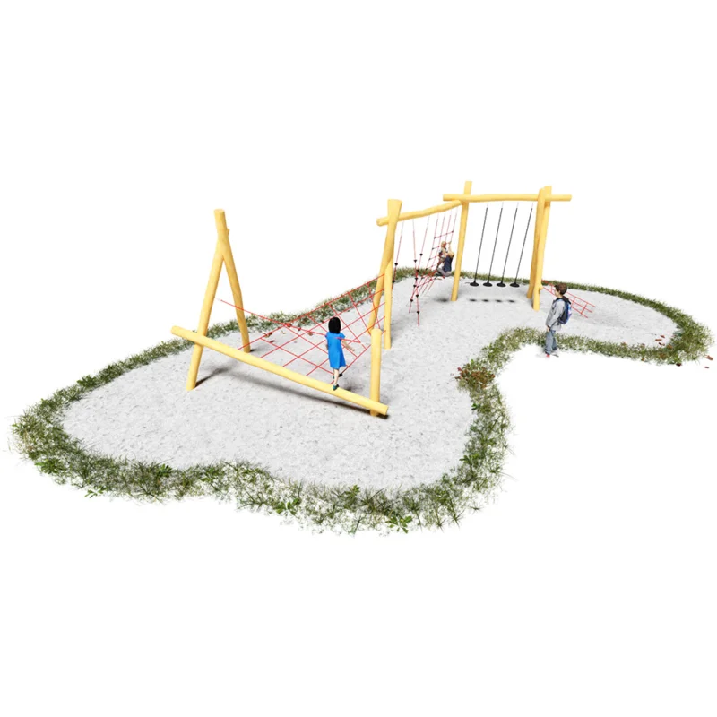 Schmales Klettergerüst Gecko aus Robinienstangen mit verschiedenen Netzen, Seilen und Hangelmöglichkeiten.