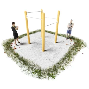 Ansicht einer Klimmzugstation in quadratischer Anordnung mit vier Standpfosten aus Robinienholz; dazwischen insgesamt 4 Edelstahlstangen in unterschiedlichen Höhen für Sportübungen