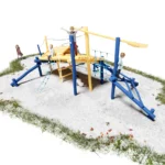 Detailansicht Klettergerüst Isarfloss mit Dach mit lasierten Kletterstämmen als Wellen bzw. Stromschnellen und stilisiertem Ruder