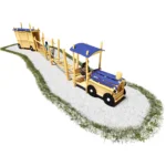 Spielanlage Dampfzug aus Robinienholz. Ansicht von schräg vorne auf die Lokomotive, dahinter drei Spielelemente als Wagons