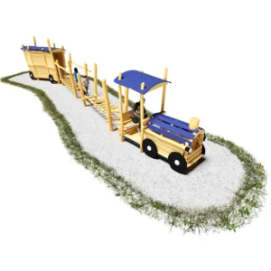 Spielanlage Dampfzug aus Robinienholz. Ansicht von schräg vorne auf die Lokomotive, dahinter drei Spielelemente als Wagons