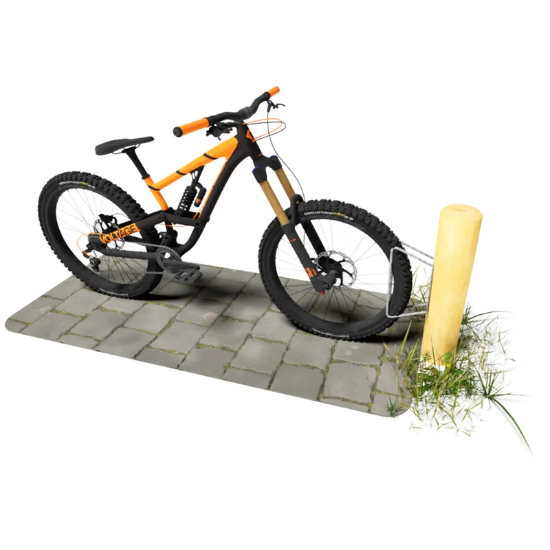 Fahrradständer-Einzelpfosten: Robinienpfosten mit verzibktem Vorderradhalter für Mountainbikes
