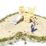 Kleine Sandbaustelle: Kleine erhöhte Spielplattform aus Robinienholz. Im Vordergrund ein schräger Leiteraufstieg, eine kleine Kletterwand und daneben eine Edelstahlrutsche.