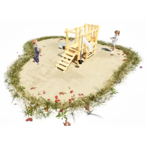 Spielplatz Sandbaustelle: Sandspielgerät aus Robinienholz. Ansicht auf die Stirnseite mit einer schrägen Aufstiegsrampe. Rechts davon am Pfosten ein Sandaufzug mit Gummieimer an Kette.