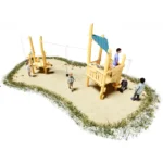 Sandspielanlage Sandra und Sandro aus zwei erhöhten Spielplattformen aus Robinienholz; verbunden mit einem fahrbahren Sandaufzug, diverse Anbauteile wie Sandaufzüge, - siebe und Matschtische