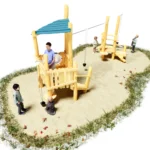 Blick auf Sandspielanlage Sandra und Sandro aus zwei erhöhten Spielplattformen aus Robinienholz; verbunden mit einem fahrbahren Sandaufzug, diverse Anbauteile wie Sandaufzüge, - siebe und Matschtische.