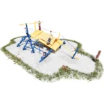 Klettergerüst Isarfloss mit Dach mit lasierten Kletterstämmen als Wellen bzw. Stromschnellen