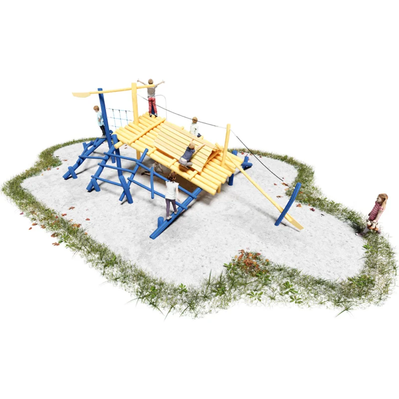 Klettergerüst Isarfloss mit Dach mit lasierten Kletterstämmen als Wellen bzw. Stromschnellen