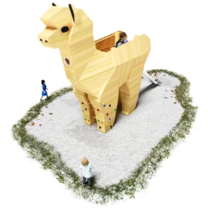 Robinienspielskulptur Alpaka von schräg vorne gesehen. Klettergriffe um die Vorderbeine, Ausguck im Hals