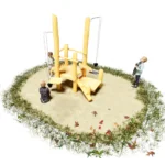 3D-Ansicht auf Spielplattform Sandra aus Robinienholz mit diversen Sandspiel-Anbauten, wie Aufzüge an Ketten mit Gummieimern, Sandsiebe und Sandrutschen