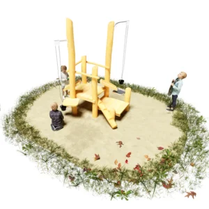3D-Ansicht auf Spielplattform Sandra aus Robinienholz mit diversen Sandspiel-Anbauten, wie Aufzüge an Ketten mit Gummieimern, Sandsiebe und Sandrutschen