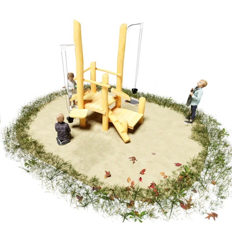 3D-Ansicht auf Spielplattform Sandra aus Robinienholz mit diversen Sandspiel-Anbauten, wie Aufzüge an Ketten mit Gummieimern, Sandsiebe und Sandrutschen