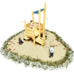 3D-Ansicht auf Spielplattform Sandro aus Robinienholz, teilweise überdacht mit diversen Sandspiel-Anbauten, wie Aufzüge an Ketten mit Gummieimern, Sandsiebetrommel und Matschtisch