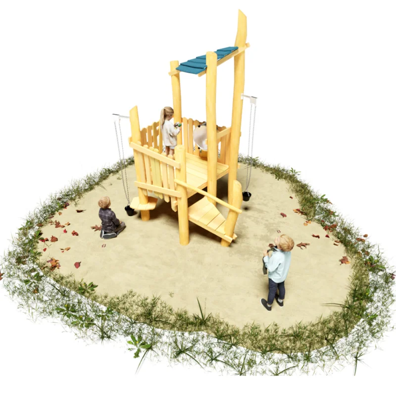 3D-Ansicht auf Spielplattform Sandro aus Robinienholz, teilweise überdacht mit diversen Sandspiel-Anbauten, wie Aufzüge an Ketten mit Gummieimern, Sandsiebetrommel und Matschtisch