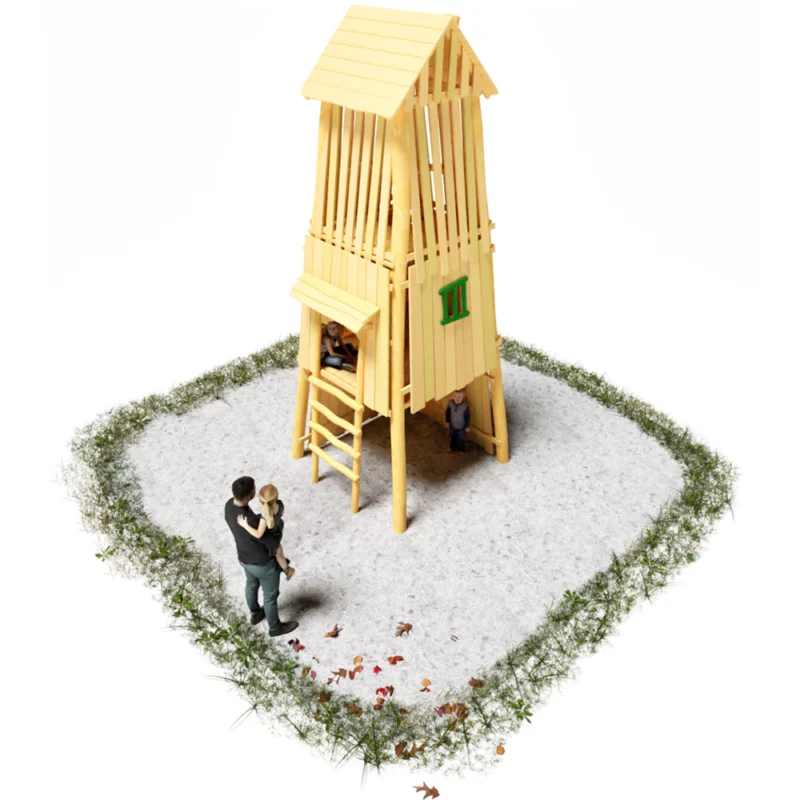 3D-Rendering des Robinien-Spielturms Zuckerhut. Ansicht von schräg vorne