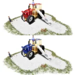 Spielgerät Traktor in zwei verschiedenen Farbgebungen in einem Bild übereinander angeordnet. Oben: Rot-Weiß unten Blau-Weiß