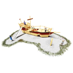 Gesamtansicht 3D-Visualisierung Spielgerät Segelschiff Aventura auf Fallschutzkies