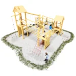 Spielhof Quadra: Spielanlage aus 4 Türmen unterschiedlicher Höhe, teilweise mit Dächern, verbunden mit Spielelementen und vielen verschiedenen Zustiegsmöglichkeiten z.B. Kletternetz, Rampe, Leiter, Wackelbrücke