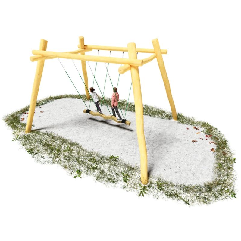 Isometrieansicht der Tampenschaukel an einem trapezförmigen Gestell mit 4 Pfosten