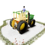 Spielplatz-Traktor aus Robinienholz gesehen von schräg hinten. Hinten eine Rutschstange aus Edelstahl
