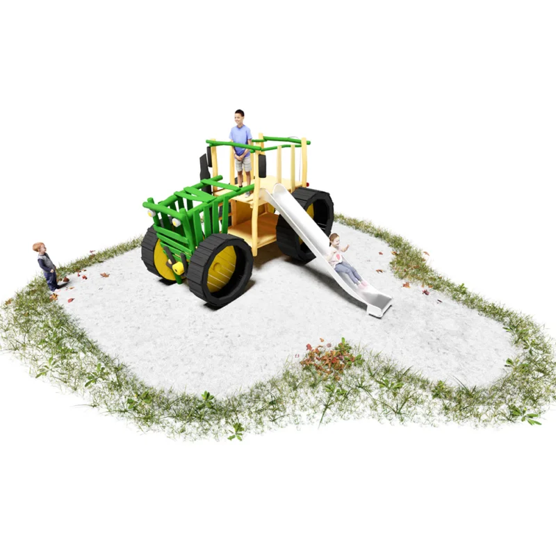 Robinienspielgerät Traktor in Grün-Gelb mit Edelstahlrutsche