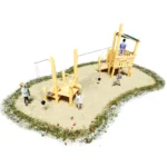 Sandspielanlage Sandra und Sandro auf großer Sandfläche; aus zwei erhöhten Spielplattformen aus Robinienholz; verbunden mit einem fahrbahren Sandaufzug, diverse Anbauteile wie Sandaufzüge, - siebe und Matschtische