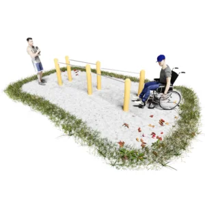 Isometrische Ansicht eines Spielplatz doppelten Barren rollstuhlgeeignet mit Robinienpfosten und Edelstahlstangen. eine Hälfte besteht aus 2 paralellen Stangen, die andere aus zwei leicht trapezförmig angeorneten Stangen, sodass Rollstuhlfahrer dazwischenfahren können.
