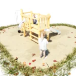 Sandspielgrät kleine Sandbaustelle: Kleine erhöhte Spielplattform aus Robinienholz. Im Vordergrund an der Stirnseite ein Sand-Spieltrichter, An der langen Seite angebracht: einfache Leitersprossen und daneben ein gebogenes Sandschüttrohr