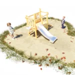 Kleine Sandbaustelle nach DIN EN 1176: Kleine erhöhte Spielplattform aus Robinienholz. Im Vordergrund eine Edelstahlrutsche und auf der Stirnseite ein von Außen bzw. unten zugängliches Sandspielelement in Trichterform